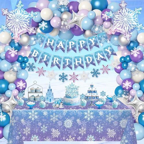 Frozen Birthday Decorations for Girls,Happy Birthday Banners,Blue Purple Balloon Arch Garland Kit,Party Decor Supplies,Foil Snowflake Balloons,Tablecloth