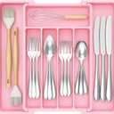 Lifewit Silverware Drawer Organizer, Expandable Utensil Tray for Kitchen, BPA Free Flatware and Cutlery Holder, Adjustable Plastic Storage for Spoons Forks Knives, 8.5"-14.1" x 12.1", Pink