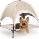 FUNNY FUZZY Elevated Dog Bed with Canopy, Small (24"x18"x7") Outdoor Raised Dog Cot with Shade, Cooling Breathable Mesh Pet Bed, Portable Waterproof Dog Camping Bed for Dogs,Khaki