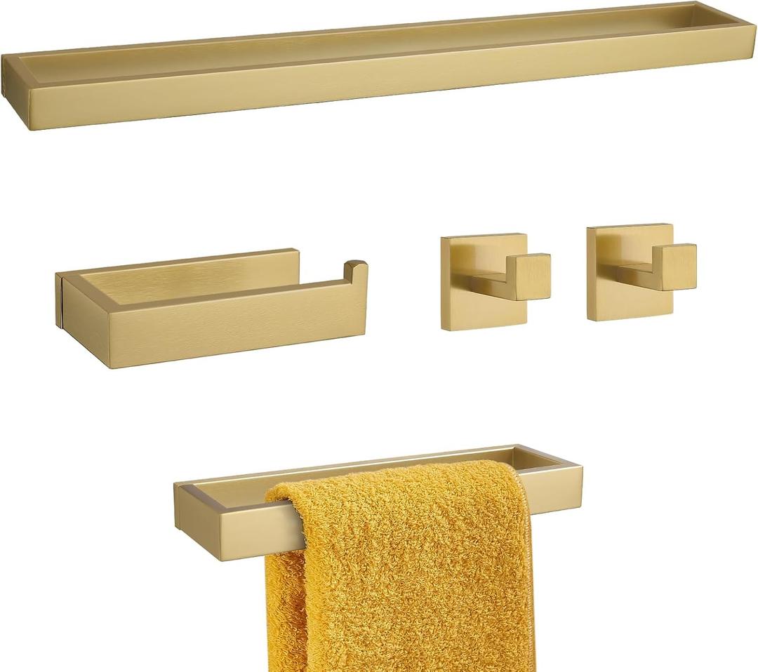 TNOMS Brushed Gold 5-Pieces Bathroom Hardware Set Towel Bar Set,Stainless Steel Bathroom Hardware 23.6 Inch Towel Bar Towel Holder Set Wall-Mounted