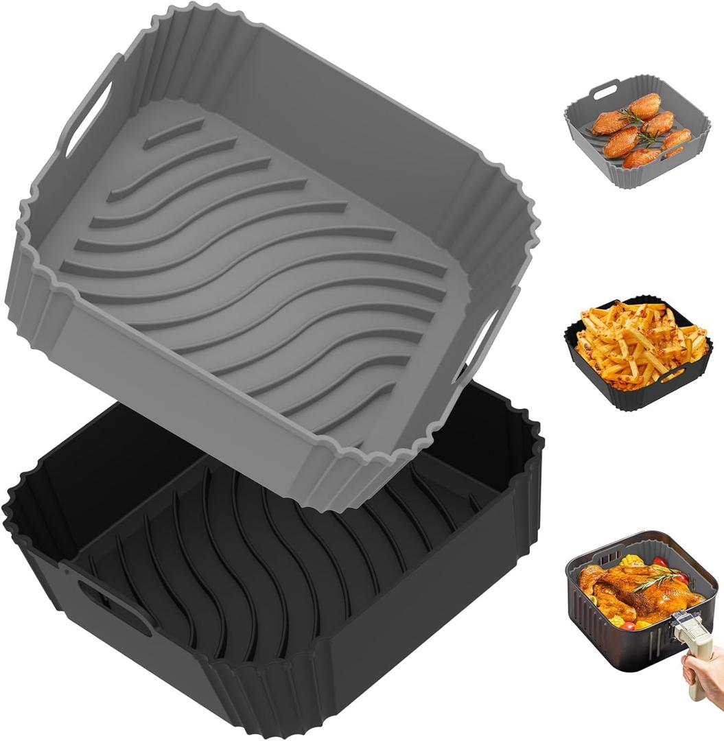 Redfly 2 Pack Silicone Air Fryer Liners, Square Reusable Non-Stick Basket Inserts for 4-5.5 QT/5-8.5 QT Air Fryers, Dishwasher Safe Parchment Paper Replacement Accessories Gray & Black