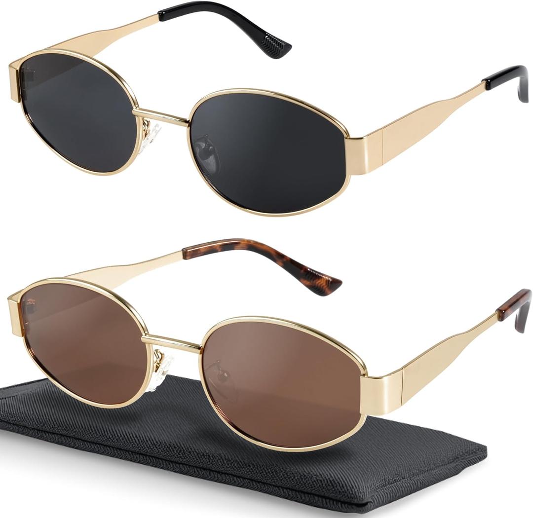 livho 2025 Trendy Oval Sunglasses - Stylish Polarized Shades for Everyday - Retro Metal Frames (Gold/Grey + Gold/Brown)