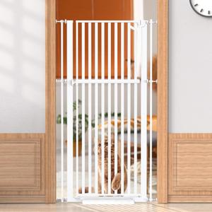 Senneny 63 Extra Tall Cat Gate Auto Close & One-Hand Open, No Drilling Pressure Mounted Kits and Wall Mounted Kits, Metal Pet Gate Fits Openings 29.5 to 33.4 Wide, White