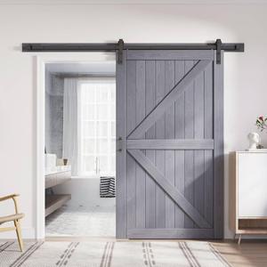 FREDBECK 48in x 84in Gray Wood Barn Door Slab with 8ft (96inch) Barn Door Hardware Track Kit Included, Double Surfaces,Simple Assembly is Required,K-Frame,Grey