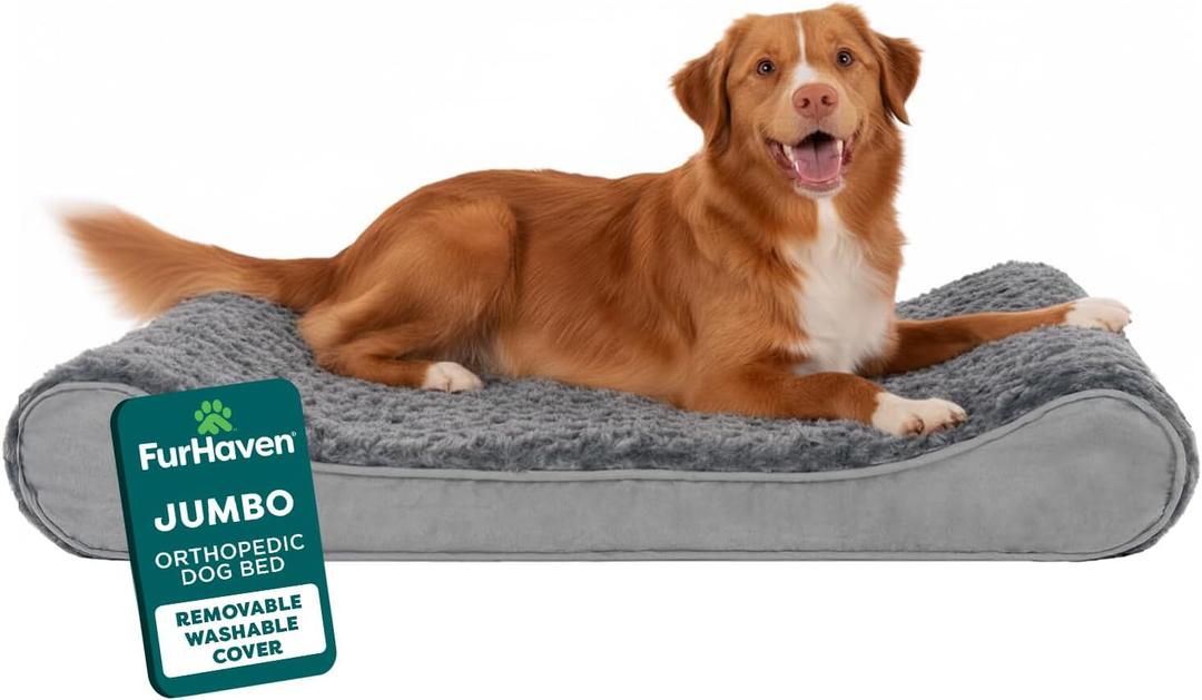 FurHaven Orthopedic Dog Bed for X-Large Dogs, Luxe Lounger Contour Mattress with Medical-Grade Solid Orthopedic Foam for Joint Support, Removable Washable Cover, Jumbo/XL, Plush Suede, Gray