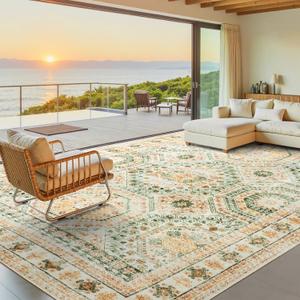 Washable Area Rug 8x10, Large Soft Rugs for Living Room Green Yellow Carpet 8x10 Area Rugs for Bedroom Dining Room Non-Slip Stain Resistant Rug