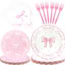 CANREVEL 96 PCS Bow Party Plates Serve 24, Bow Plates and Napkins Forks Set, Disposable Tableware for Birthday Supplies Party Decorations for Grils Kids Women