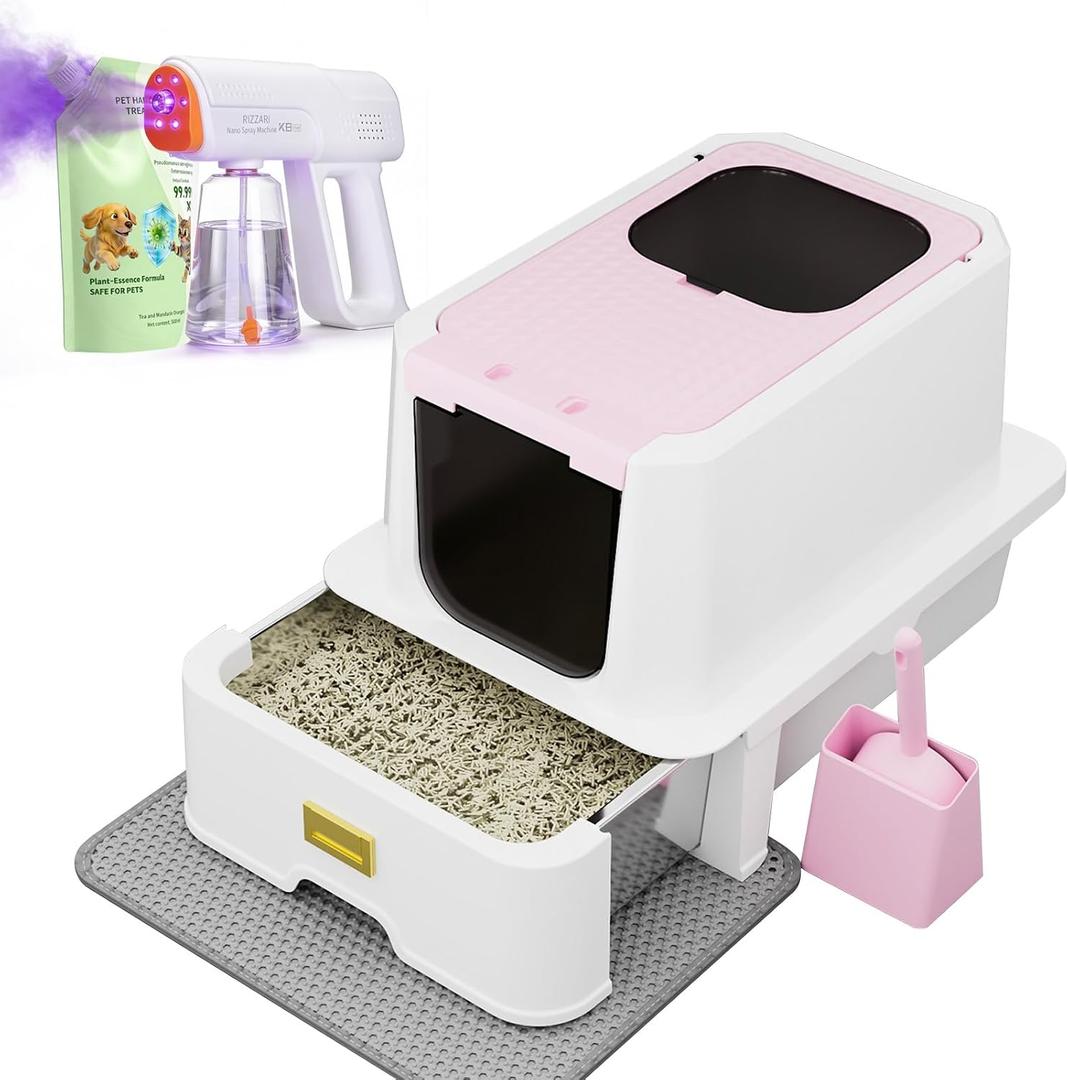RIZZARI Pink Cat Litter Box: Covered Top Entry with Drawer & Spray 24.25"L x 19"W x 16.54"H