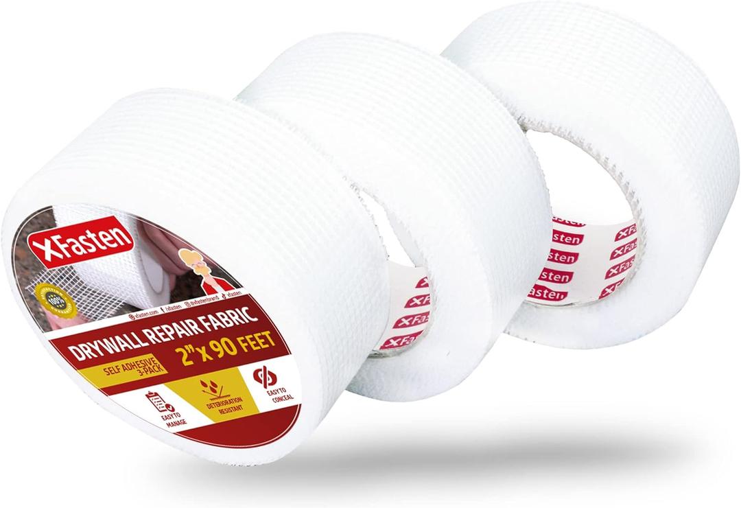 XFasten Drywall Tape Self Adhesive (3-Pack 270ft Total) Heavy-duty Fiberglass Drywall Mesh Tape for Dry Wall Repair, Joint Mesh Sealer, Patch Holes, and Sheetrock Seam Stress Cracks - 2-Inch x 90-Feet