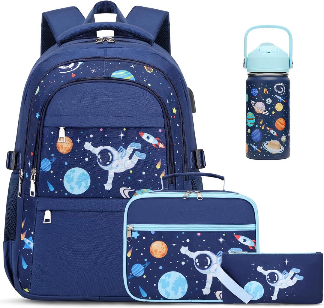 ACESAK Boys Backpack with Lunch Bag Pencil Case, Insulated Bottle, BPA-FREE Double Tumbler 18/8 Stainless Steel Leak Proof Cups with Metal Straw for School Boy, Space