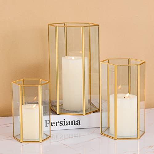 Glass Hurricane Candle Holder, Set of 3 Large Clear Hexagon Lanterns Pillar Candle Lantern with Gold Metal Frame Wedding Centerpiece Table Decor Home Decorations : Home & Kitchen