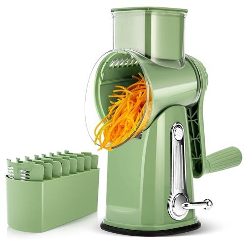 SUSTEAS Rotary Cheese Grater with Handle - Vegetable Shredder with 5 Well-designed Blades & Strong Suction Base,Round Mandoline Slicer & Food Chopper for Kitchen,with Blade Storage Box(Retro Green)