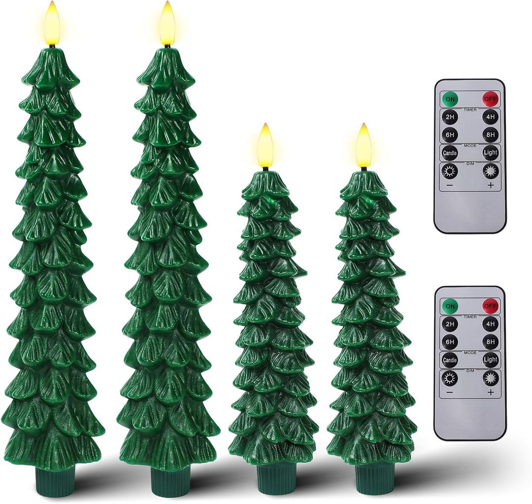 BUTITNOW 4 Pcs Flameless Taper Candles, Christmas Tree Candles with Remote, Battery Operated Candlesticks - Snow-Covered Effect Design - 10 Inches Flickering LED Window Candle Lights