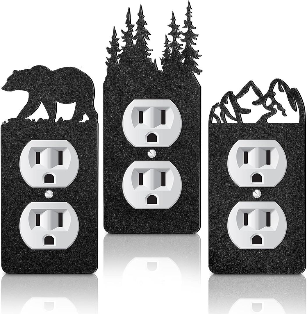 Lothee 3 Pcs Bear Light Switch Cover Plate Black Outlet Plate Cover Bear Elk Forest Mountain House Wall Light Outlet Decorative for Office Bedroom Home, Duplex Toggle(Classic)