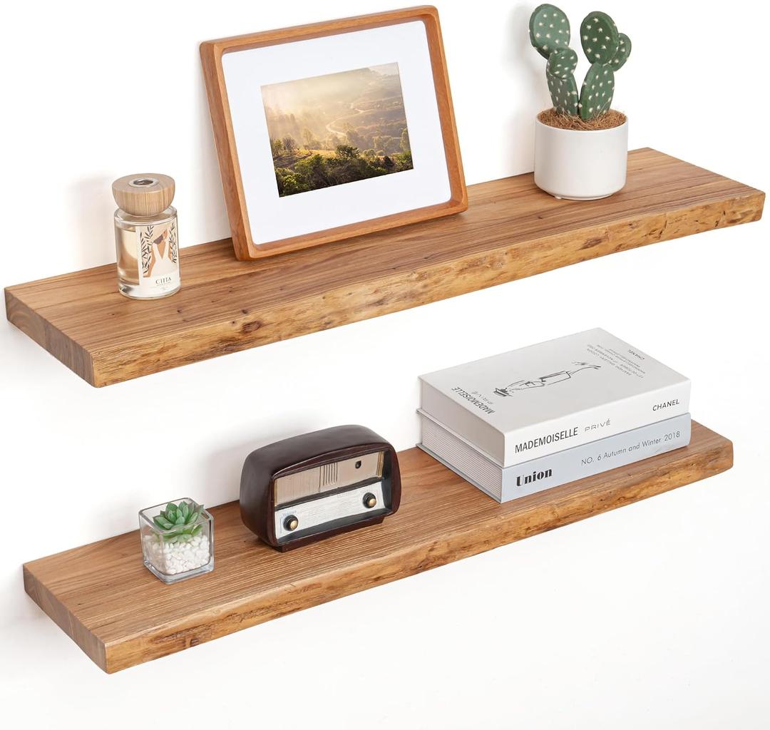 Floating Shelves for Wall Decor, Rustic Solid Elm Wood Live Edge Floating Shelves Wall Mounted, Wall Shelves with Invisible Bracket for Living Room Bathroom Bedroom Kitchen, 32 Inch Set of 2, Natural, Live Edge, 32inch, 2Packs