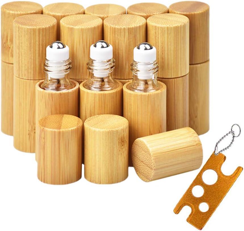 AUHOKY 12Pcs Bamboo Roll on Bottles for Essential Oils, Portable Massage Oil Bottle with Stainless Steel Roller Ball, Reusable Travel Perfumes Sample Lip Gloss Container (1 Opener) (5ML)