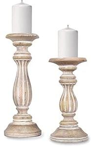 Mela Artisans Whitewashed Hand Carved Wooden Pillar Candle Holders - Set of 2 | Hana Decorative Style | Crafted from Mango Wood | Rustic Table Centerpiece Decor | Sized 9" and 12"