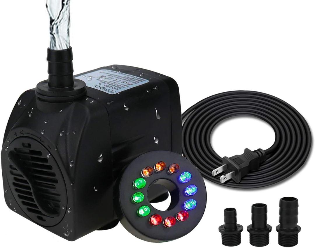 400 GPH Submersible Fountain Pump (1800L/H, 25W), Ultra Quiet 12 LED Colorful Pump Lights with 3 Nozzles, 6 Feet Power Cord for Fish Tank, Pond, Aquarium, Statuary, Hydroponics