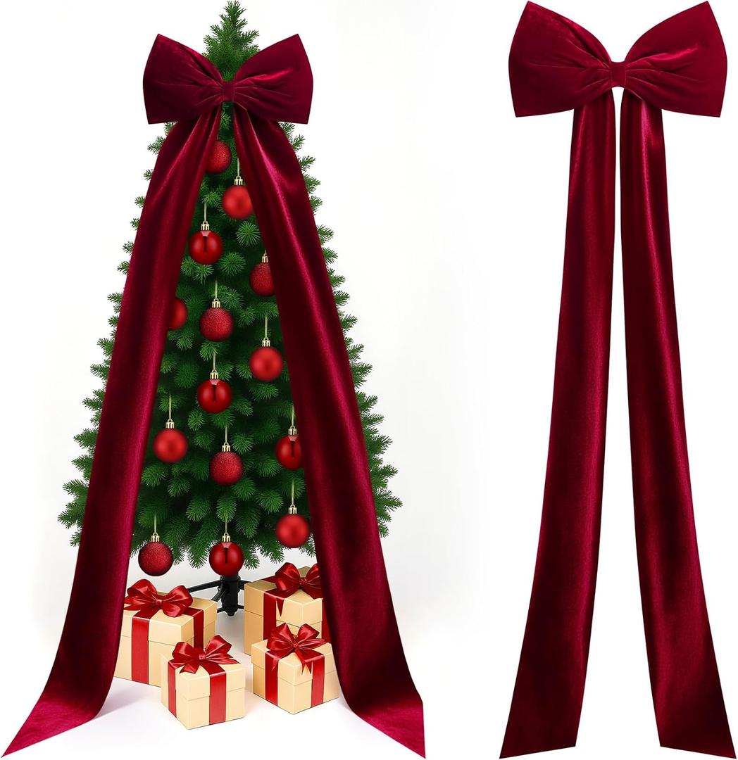 Extra Large Velvet Christmas Tree Topper Bow Giant Bow with Long Streamers Oversized Wrapping Gifts for Holiday Party Xmas Tree Wedding Home Decorations(Red,118 Inch)