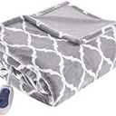 Beautyrest Ogee Printed Plush Electric Blanket for Cold Weather, Fast Heating, Auto Shut Off, Virtually Zero EMF, Multi Heat Setting, UL Certified, Machine Washable, Grey Oversized Throw 60x70