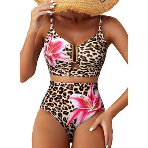Herseas Womens 2 Piece High Waisted U Wire Bikini Set Floral Print Swimsuit Crisscross Back Bathing Suit Beach Swimwear, XL