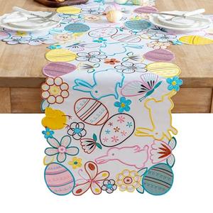 Pack of 2 Easter Decorations Indoor Table Runner - Egg Bunny Embroidered Decor Spring/ Holiday Party Supplies