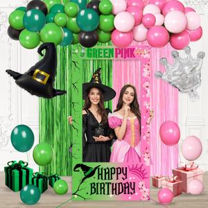 Birthday Party Decoration Set, Pink and Green Theme with Foil Backdrop for Girls, Photo Frame, 20 Balloons