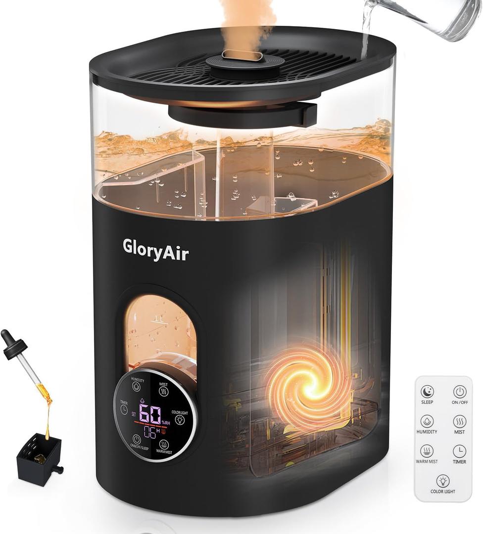 Warm & Cool Mist Humidifier - GloryAir Black 6L Quiet Top Fill Humidifiers for Bedroom Large Room with Smart Humidity Control, Remote Control, 7-Color Light, Humidistat, Oil Diffuser for Baby & Plants