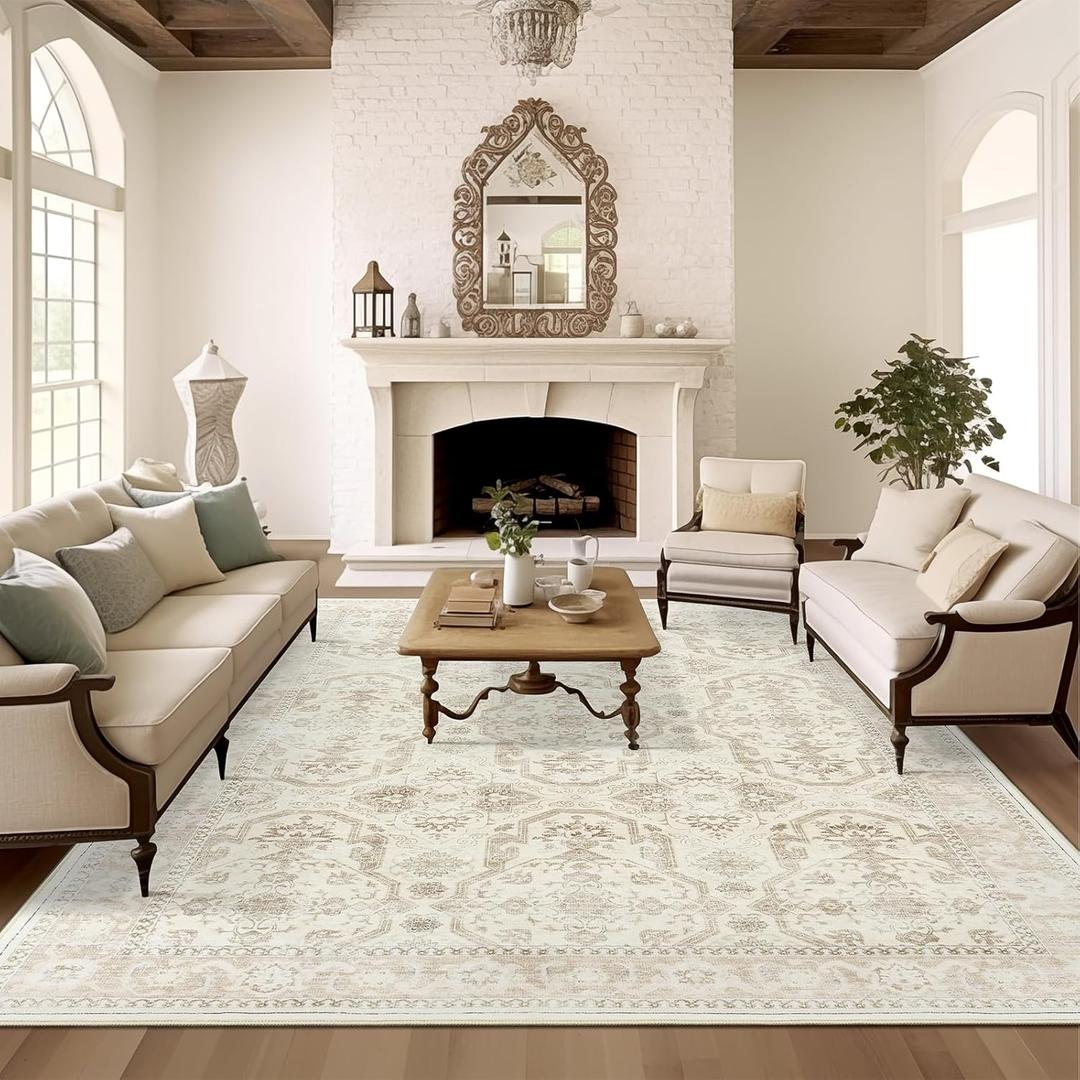 8x10 Area Rugs, Washable Rugs, Large Stain Resistant Beige Area Rug for Living Room Bedroom Dining Room, Vintage Farmhouse Rug