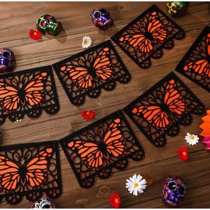 Janinka 92 Pcs Dia De Los Muertos Banner Felt Mexican Monarch Butterfly Banners Fiesta Picado Hanging Flags Day of The Dead Decorations for Ofrenda Supplies Halloween Mexican Party Favor