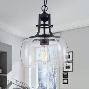 WUZUPS Chandelier Rustic Farmhouse Industrial Round Ceiling Pendant LED Light Fixture with Clear Glass Shades for Dining Room Kitchen Island Foyer Entryway, H 13" x W 10", E26 Base, Black