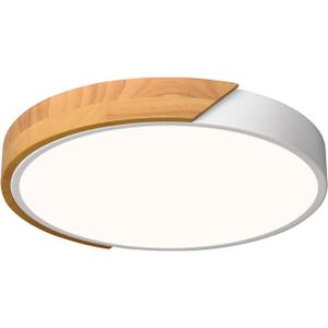 Vikaey Modern LED Ceiling Light, Minimalist Wood Style Flush Mount Ceiling Light Fixture, Circle Lighting Lamp with Acrylic Lampshade for Bedroom Living Room Dining Room Laundry (White, 11.8'')