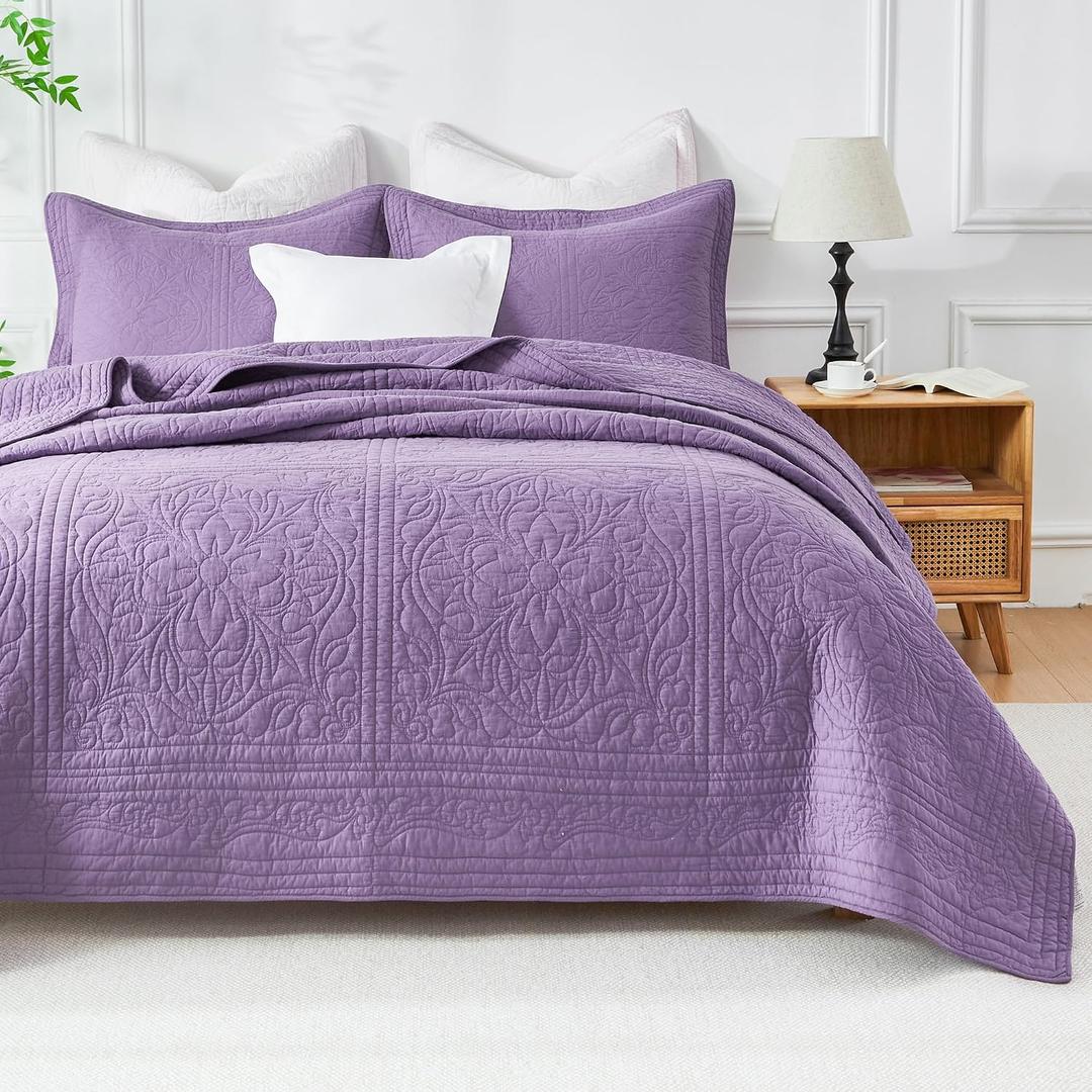 WINLIFE Cotton Quilt Bedding Set King Size, Dark Purple, 106''x98'' | Embroidery Floral Pre-Washed Oversized 3 Pieces Lightweight Bedspread Coverlet for All Season, with 2 Matching Shams