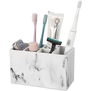 ZCCZ Marble Look Toothbrush Holder for Bathroom Countertop Organizer, Holds Toothpaste, Dental Floss, Razor, Comb, Makeup Brushes, and More, Stylish Bathroom Accessory for Tooth Brushing Essentials (1. White Marble)