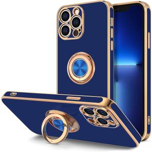 Hython for iPhone 13 Pro Max Case with Ring Stand [360Rotatable Ring Holder Magnetic Kickstand] [Plated Rose Gold Edge] Slim Soft TPU Cover Luxury Protective Phone Case for Women Men, Blue