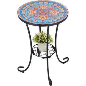 VCUTEKA Outdoor Side Table Mosaic Patio Table Accent Tables Mosaic Tile Top Metal Frame Small End Tables Porch Beach Patio Garden Balcony Blue 14''