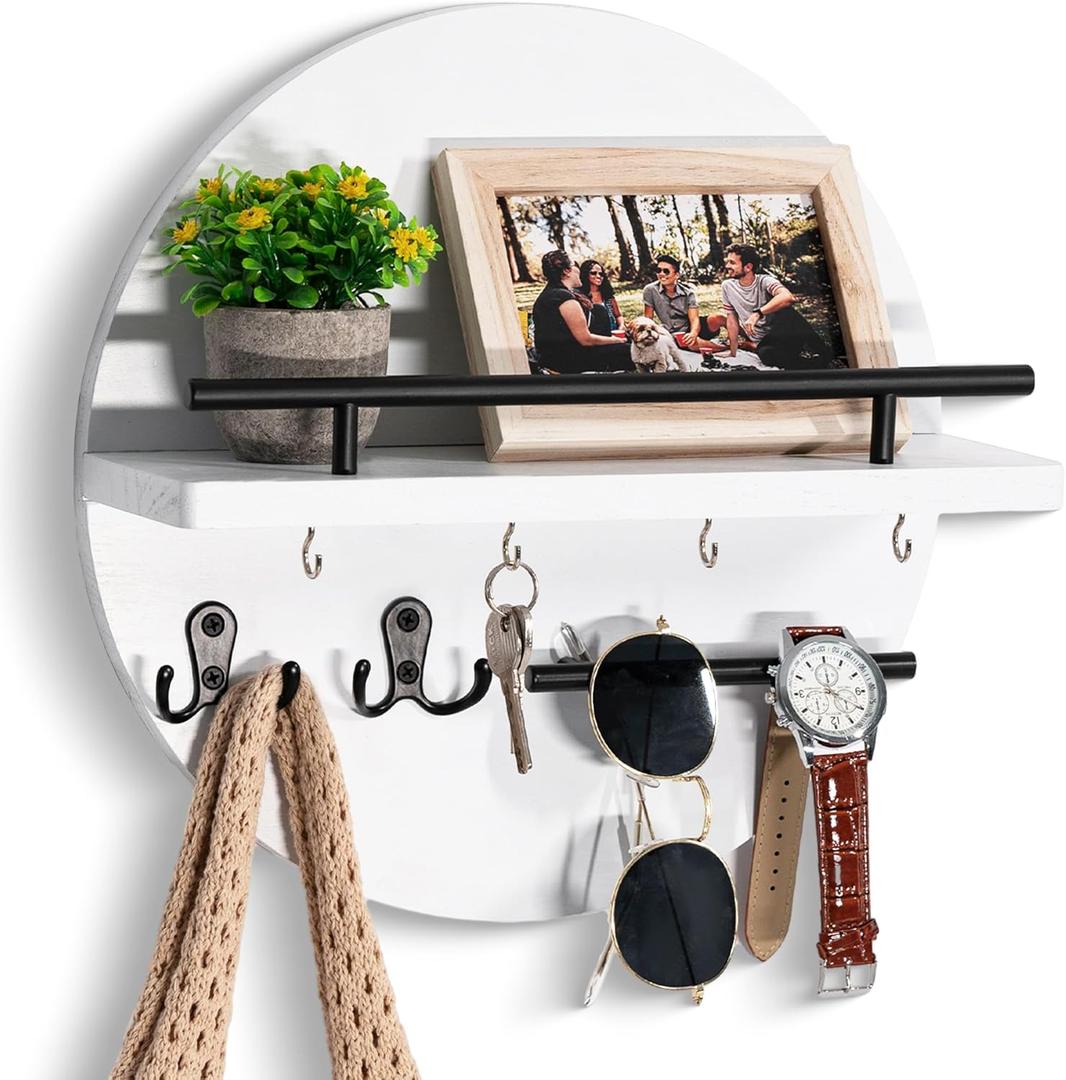 Key Holder for Wall Decorative with Shelf and Hooks, Mail Organizer Wall Mount with Sunglasses Holder, Circular Design Entryway Key Rack Hanger, Rustic Home Decor for Mudroom (White&Black)