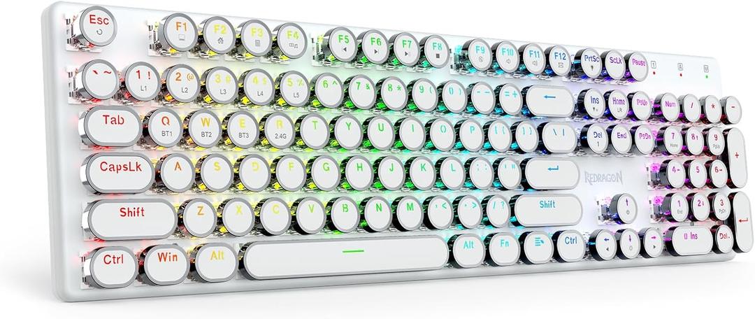 Redragon K710 Wireless Typewriter Mechanical Gaming Keyboard, Bluetooth/2.4Ghz/Wired, RGB LED Backlit, Blue Switch - Clicky, Rechargeable, Solid Metal Panel, Round Keycaps, White