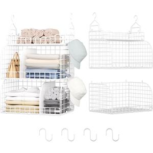 HapiRm Hanging Closet Organizer Storage - 3 Tier Metal Stackable Hanging Closet Shelves with Dividers and S Hooks, Foldable Clothes Shelves for Clothes, Pants, Shoes, Coat, Hats Clutches Accessories (White)