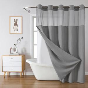 eachope Grey No Hook Waffle Weave Shower Curtain with snap-in Liner Replacement, 230GSM Waterproof Fabric Hotel Shower Curtain Set for Bathroom, Through Mesh Top Window,71Wx74H
