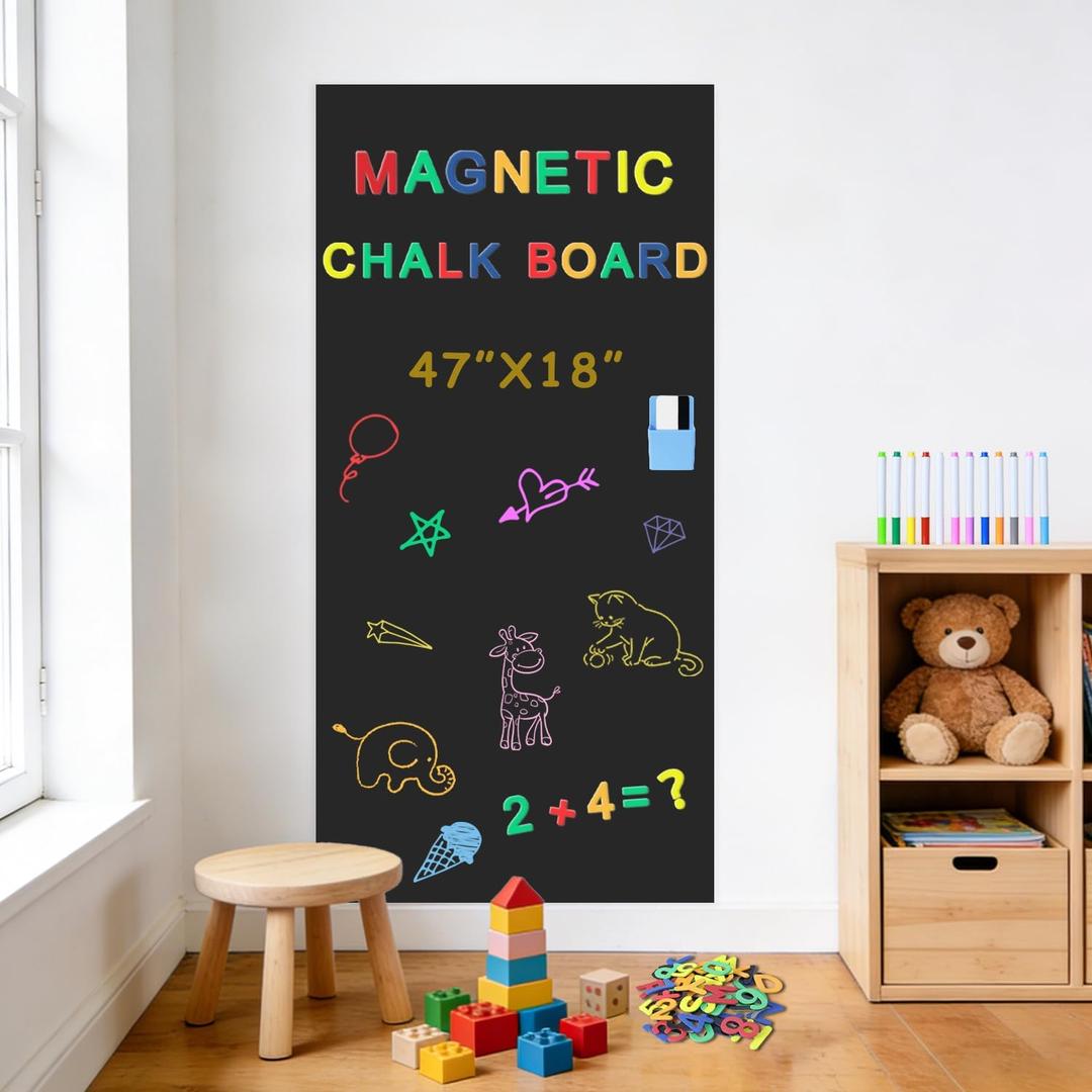 Magnetic Wall Board Self-Adhesive 47.2x17.5 in Magnetic Sticker for Wall Peel and Stick Magnet Wallpaper Black Magnet Wall Decal Rectangle with Multiple Accessories for Kids Playroom Home Cafe Decor