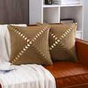 Tosleo Set of 2 Brown and Gold Throw Pillow Covers Soft Decorative Luxury Velvet Cushion Covers Pillow Cases with Gold Leather for Sofa Bedroom Livingroom Car, 18 x 18 inch