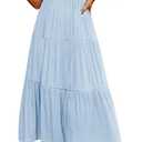 MEROKEETY Women's Flutter Sleeve Smocked Midi Dress V Neck Casual Tiered Dresses with Pockets, LightBlue, XL