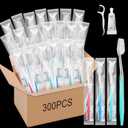 Maxcheck 300 Sets Disposable Toothbrushes Bulk with Toothpaste and Dental Floss Individually Wrapped Travel Toothbrush Set Homeless Supplies for Hotel Guest