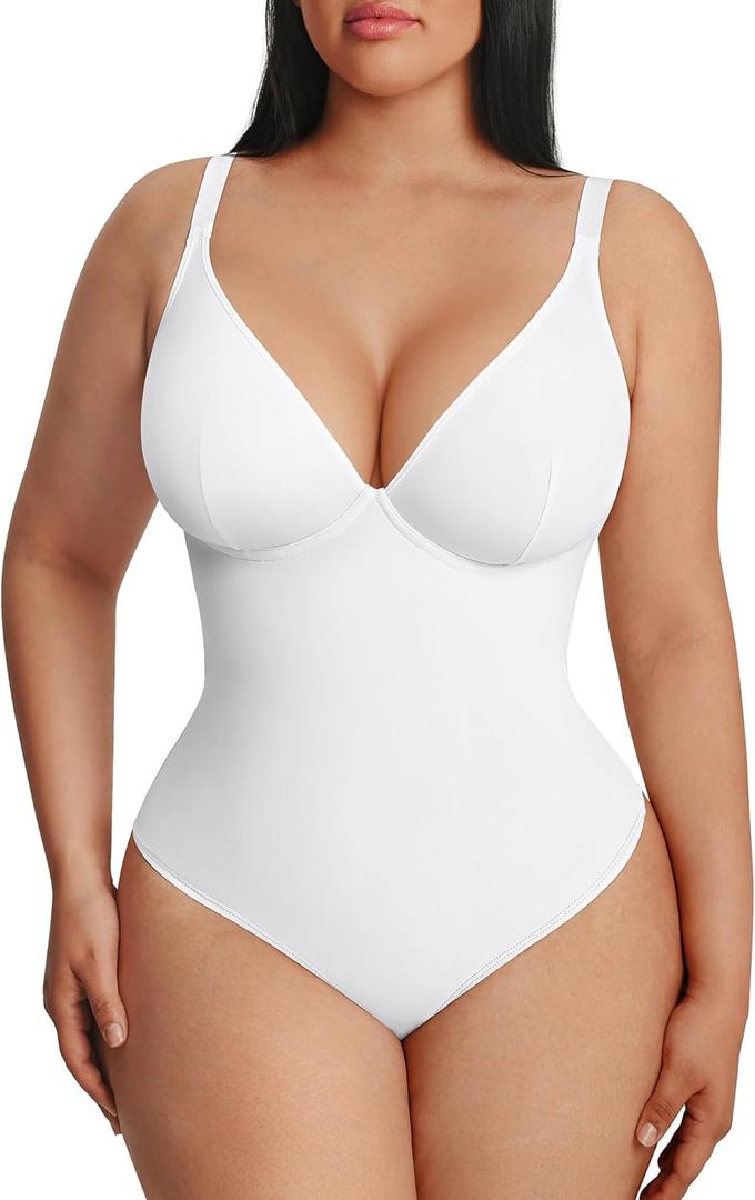 FeelinGirl Shapewear Bodysuits for Women Tummy Control Body Suits Deep V Neck Thong Body Shaper (White, M)