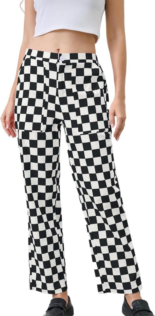 Womens Checkered Pants Zip Off Plaid Gingham Pants Casual Elastic High Waist Straight Leg Jeans with Pockets (Large, Black White)