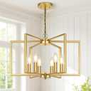 6 Light Gold Chandelier, Dining Room Light Fixture, Modern Farmhouse Industrial Metal Geometric Ceiling Light Rustic Hanging Pendant Lights with E12 base for Kitchen Island Entryway Foyer, Indoor