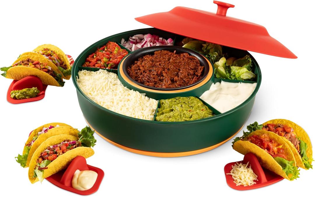 Taco Tuesday Kit - Taco Bar Serving Set for a Party - 30oz Heated Pot, 4 Taco Holders, & Detachable Lazy Susan Tray - Taco Night Fiesta  Unique Couple & Housewarming Gift Set Ideas