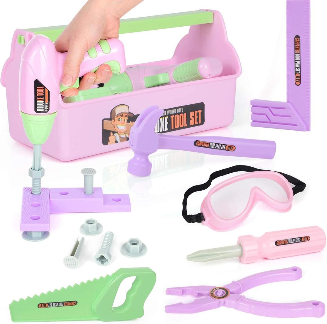 Pink Kids Tool Set (18 PCS) Pretend Play Construction Kit with Tool Box & Manual Drill