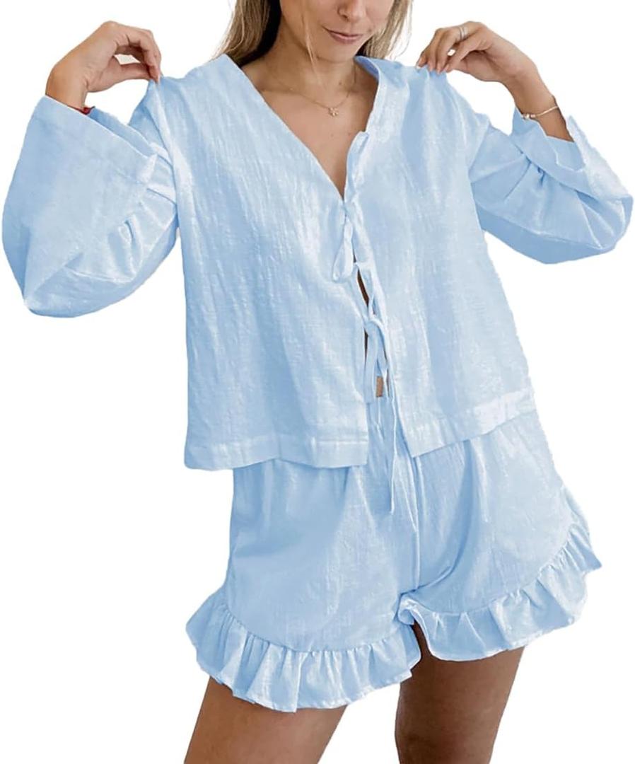 Women Fashion 2 Piece Outfit Long Sleeve Tie Front Tops and Ruffled Shorts Cotton Pajamas Sets (Large, Blue)